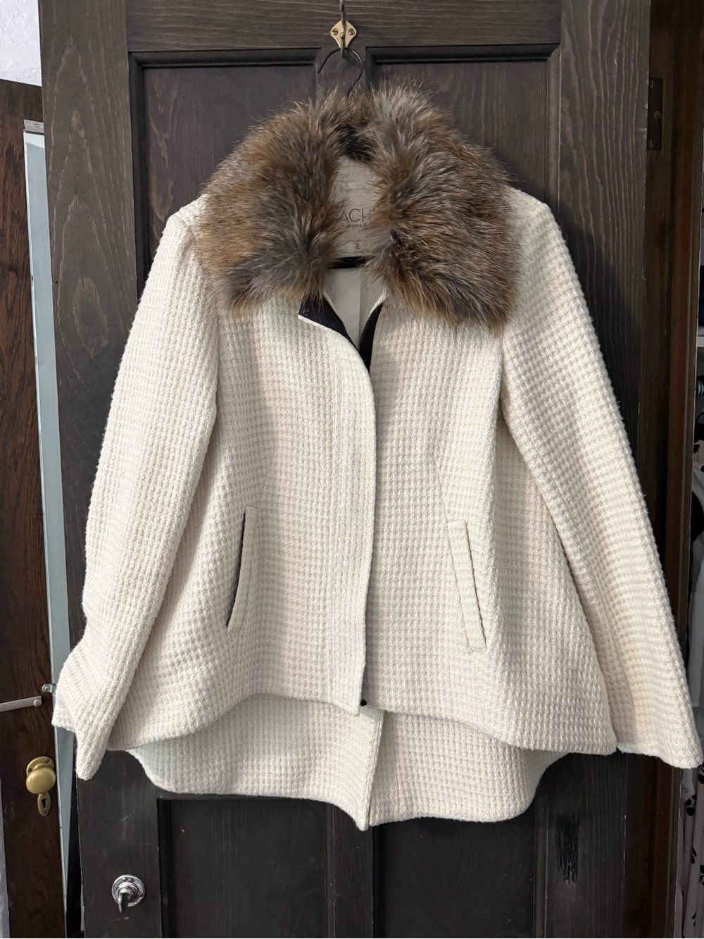 RACHEL Rachel Roy Cream Waffle-Knit Pea Coat with Faux Fur Collar